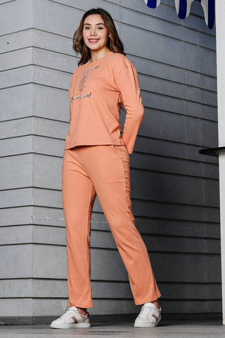 WOMEN ROUND NECK ORANGE FULL SLV  CO-ORD SET