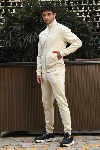 Men’s Solid Tracksuit Set | Cotton Blend Mock Collar Zip-Up Jacket & Slip-On Joggers | Mid-Rise Flat Front | 4 Pockets | Long Sleeves | Casual Athleisure Sportswear