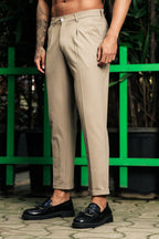 ONE SKY Men’s Cotton Spandex Pleated Trousers | Mid Rise Casual Pants with Button & Zip Closure | 4 Pockets | Solid Color | Machine Wash