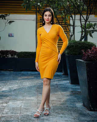 Women's Solid Party Wear Yellow Wrap Dress