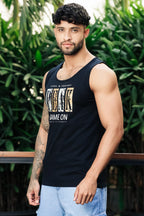ONE SKY Men’s Cotton Spandex Printed Tank Top | Sleeveless Round Neck Casual Vest | Typography Print | Stretch Fabric | Machine Wash