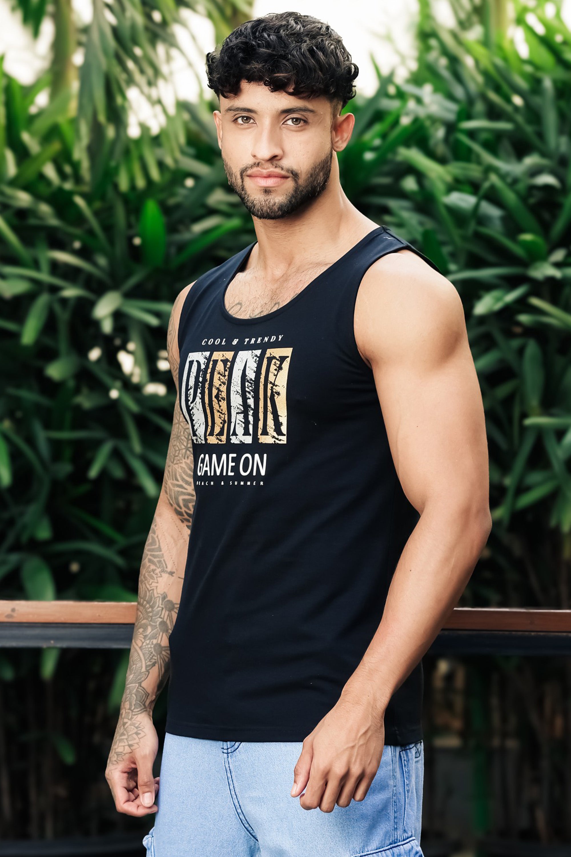 ONE SKY Men’s Cotton Spandex Printed Tank Top | Sleeveless Round Neck Casual Vest | Typography Print | Stretch Fabric | Machine Wash