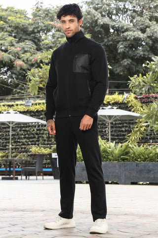 Men’s Solid Tracksuit Set | Mock Collar Zip-Up Jacket with 3 Pockets & Slip-On Joggers | Cotton Blend | Mid-Rise Flat Front | Long Sleeves | Casual Athleisure Wear