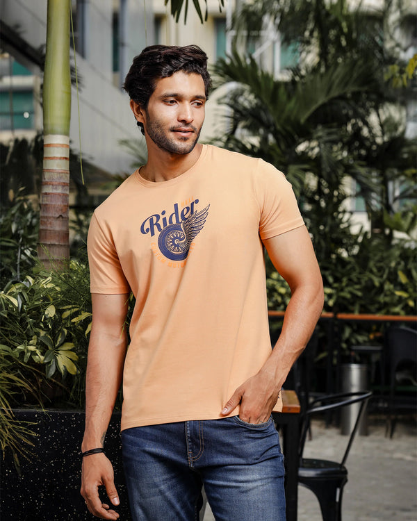 Mens Printed Round Neck Beige T-Shirt