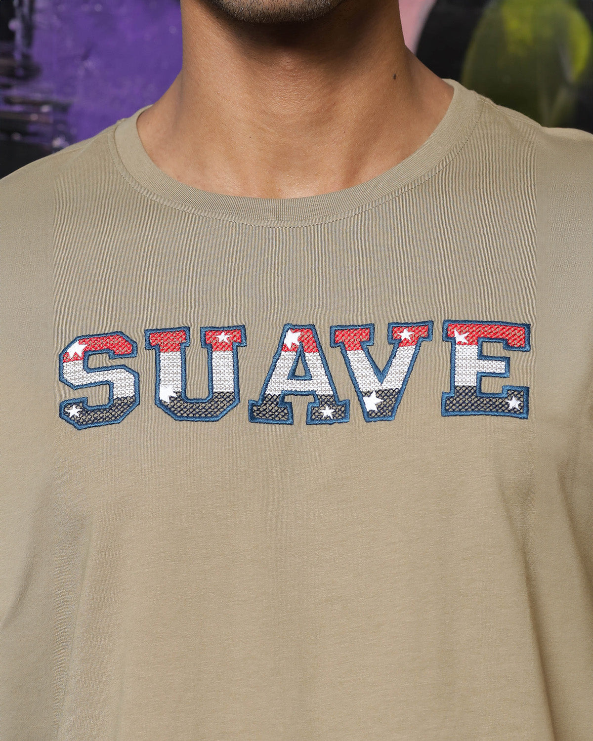 Men's Patrified Oak Colored "Suave" Embroidered Pure Cotton Tshirt