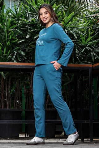WOMEN ROUND NECK BLUE FULL SLV  CO-ORD SET