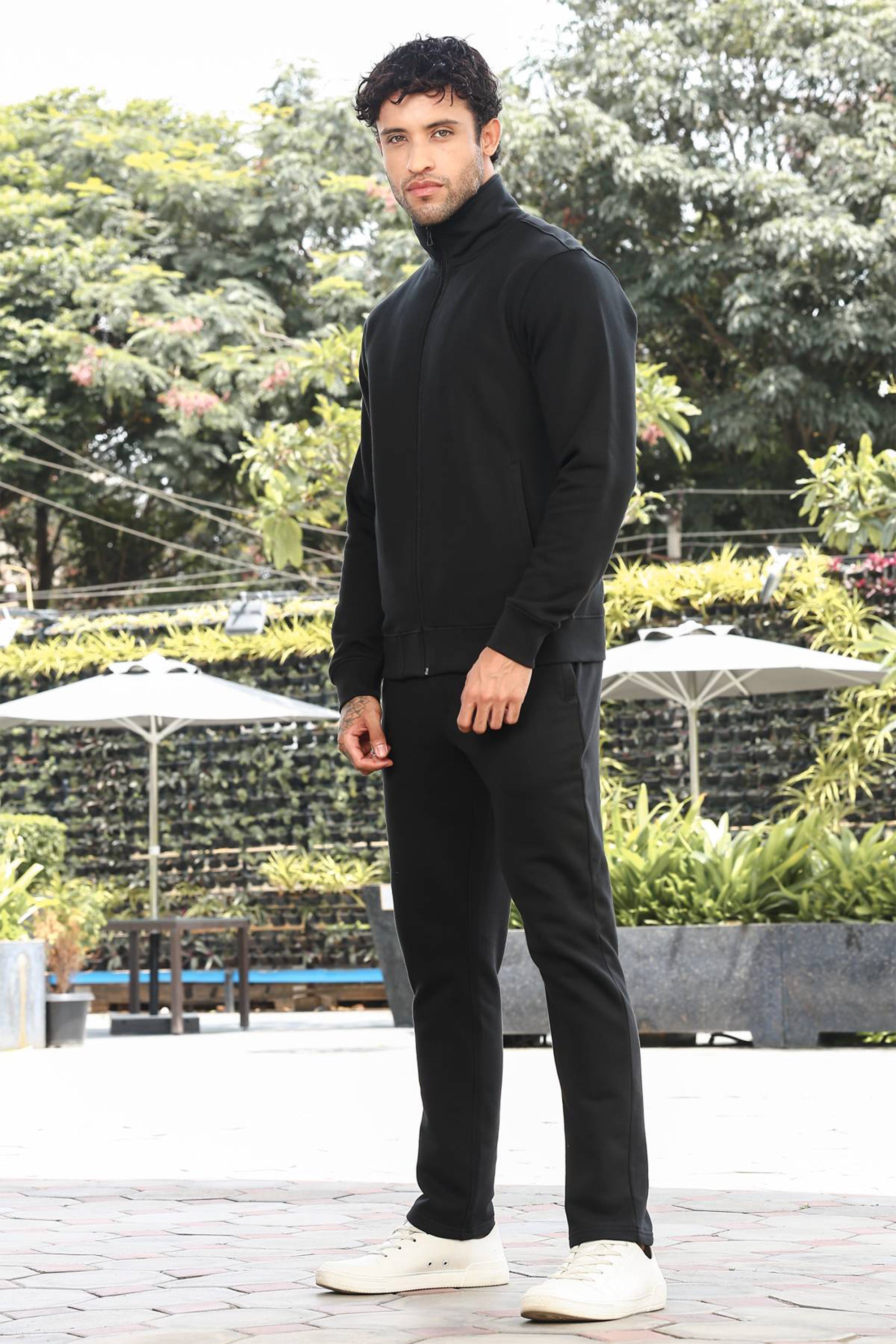 Men's Tracksuit Set Solid Color Cotton Blend | Mock Collar Top with Zip | Mid-Rise Jogger Bottom | Long Sleeve Activewear | 4-Pocket Casual Gym Sportswear