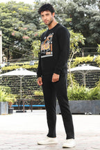 Men’s Typography Printed Tracksuit Set | Round Neck Long Sleeve Top & Drawstring Joggers | Cotton Blend | Mid-Rise Flat Front | 4 Pockets | Casual Athleisure Wear