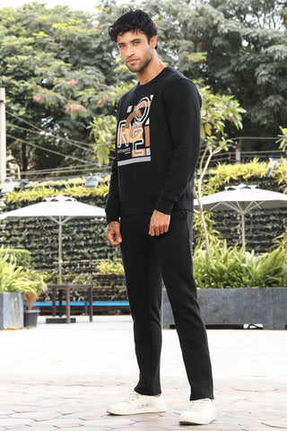 Men’s Typography Printed Tracksuit Set | Round Neck Long Sleeve Top & Drawstring Joggers | Cotton Blend | Mid-Rise Flat Front | 4 Pockets | Casual Athleisure Wear