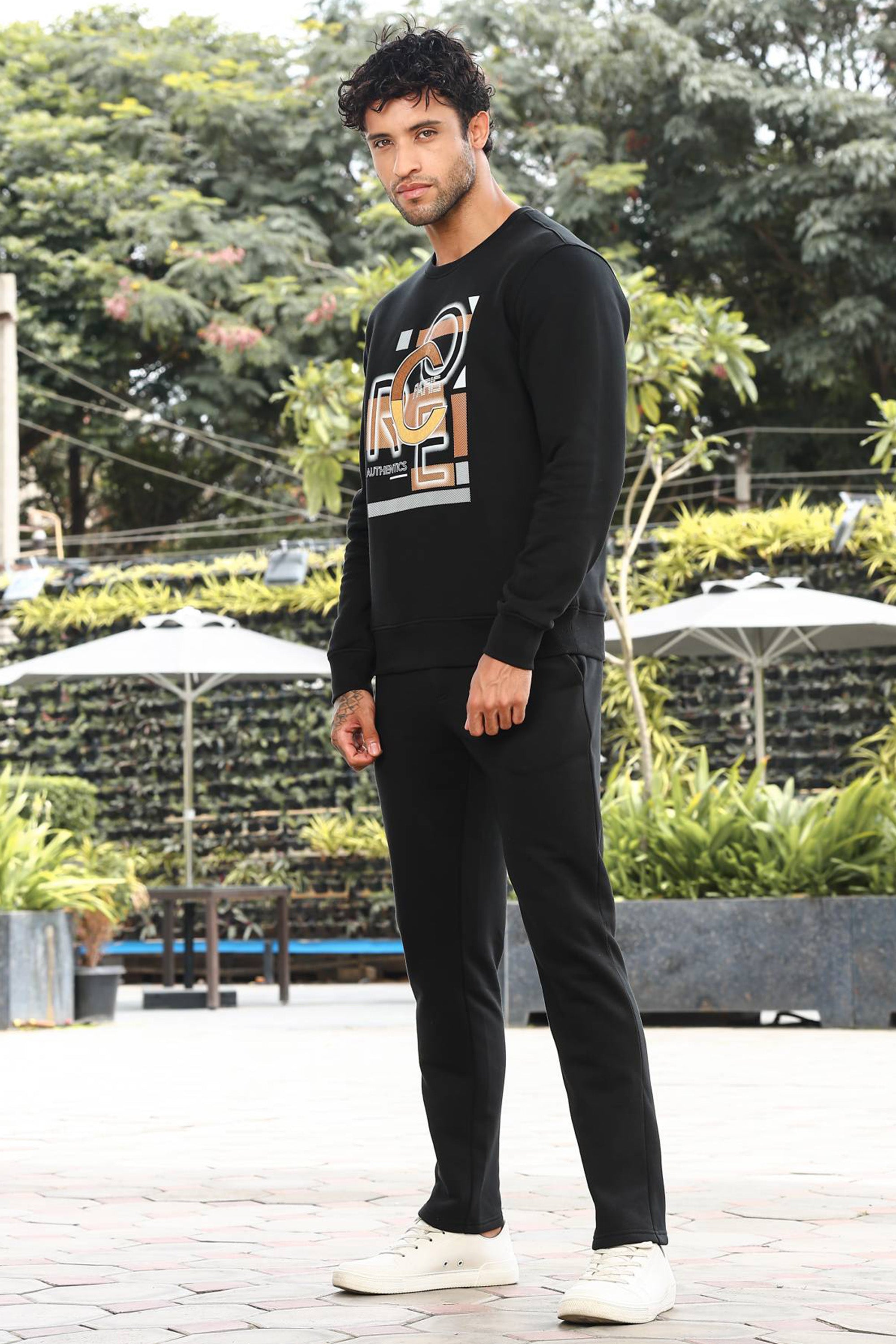 Men’s Typography Printed Tracksuit Set | Round Neck Long Sleeve Top & Drawstring Joggers | Cotton Blend | Mid-Rise Flat Front | 4 Pockets | Casual Athleisure Wear