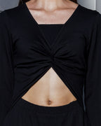 Women's Chic Balloon Sleeve Knee-Length Black Dress with Front Cut-Out and Tie
