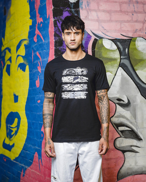Men Printed Round Neck Pure Cotton Black T-Shirt