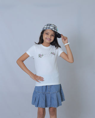 Girls White Round Neck T-Shirt