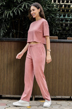 WOMEN ROUND NECK BROWN HALF SLV  CO-ORD SET