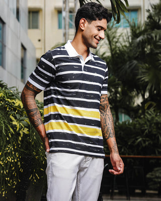 Men's Black & Yellow Pure Cotton Stripped Polo Neck Tshirt