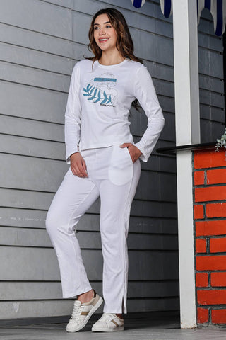 WOMEN ROUND NECK WHITE FULL SLV  CO-ORD SET