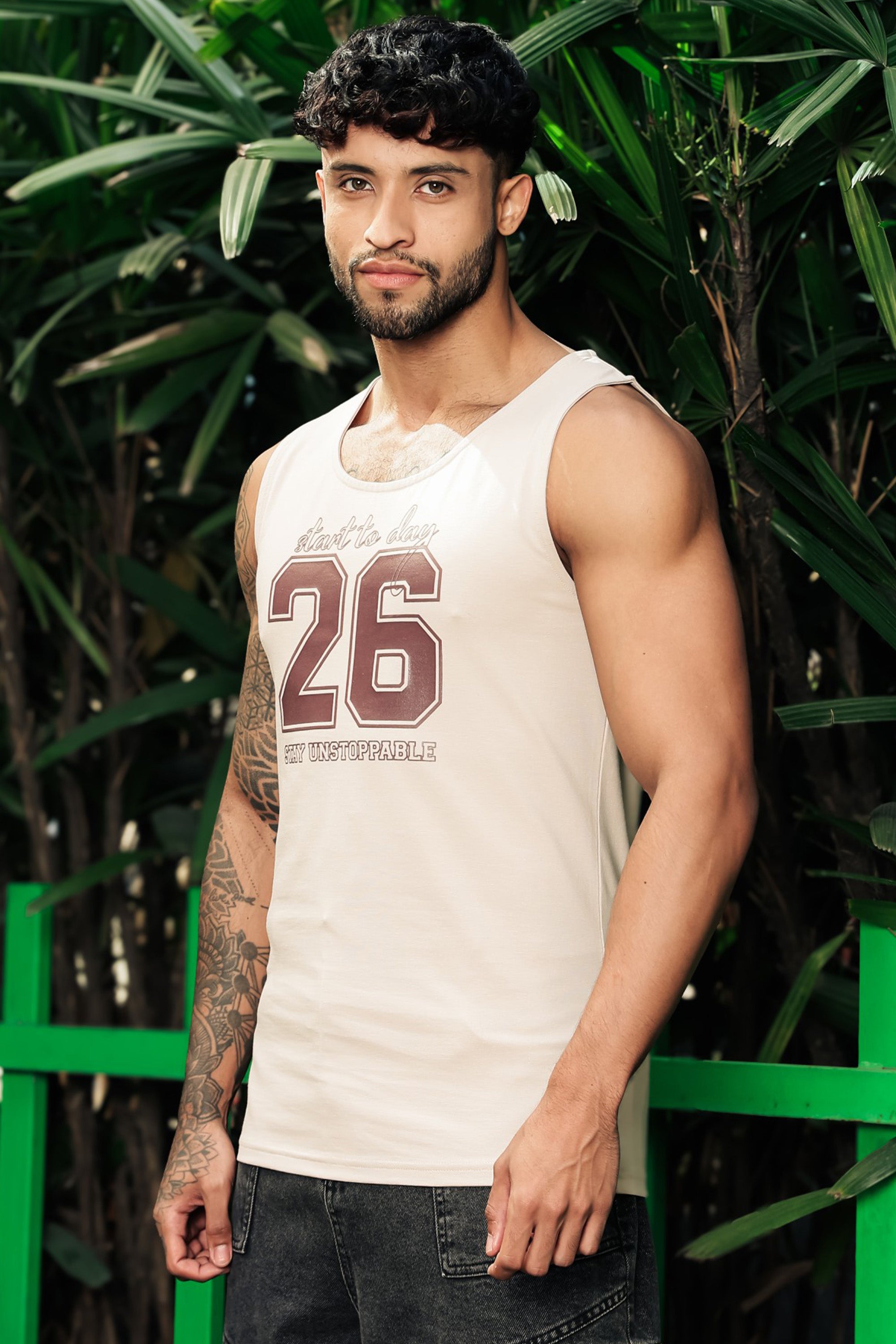 ONE SKY Men’s Cotton Spandex Printed Tank Top | Sleeveless Round Neck Casual Vest | Typography Print | Stretch Fabric | Machine Wash