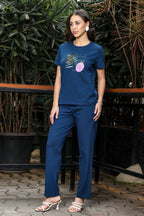 WOMEN ROUND NECK BLUE HALF SLV  CO-ORD SET
