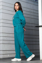 ONE SKY Women's Embroidered & Typographic Round Neck Tracksuit | Cotton Blend Long Sleeve Top & Mid-Rise Drawstring Flat Front Pants | 2 Pockets