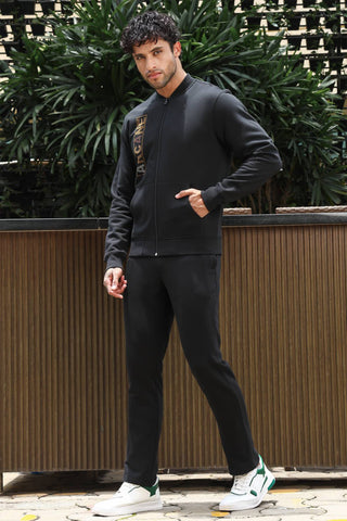 Men’s Typography Printed Tracksuit Set | Stand Collar Zip-Up Jacket & Slip-On Joggers | Cotton Blend | Mid-Rise Flat Front | 4 Pockets | Long Sleeves | Casual Athleisure