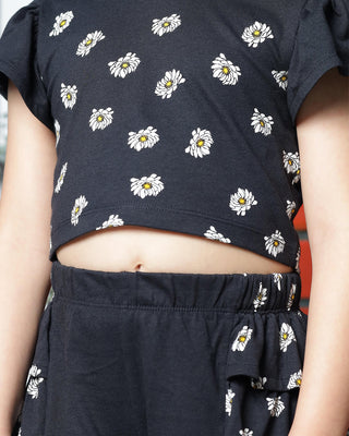 Girls Co-ord Set Top with Shorts - Stylish Black With Floral Print