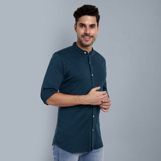 Men Navy Chinese Collar Formal Shirt