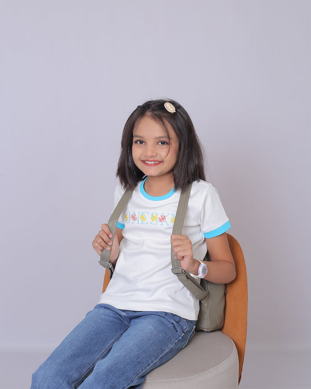 Girls White Round Neck T-Shirt