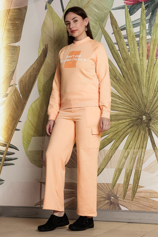 ONE SKY Women's Printed & Typographic High Neck Tracksuit | Cotton Blend Long Sleeve Top & Mid-Rise Slip-On Flat Front Pants | 6 Pockets