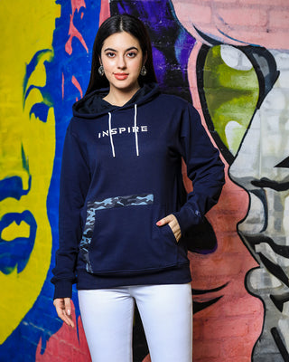 Women's Typography & Unique Printed Hoodie, Navy Blue Sweatshirt