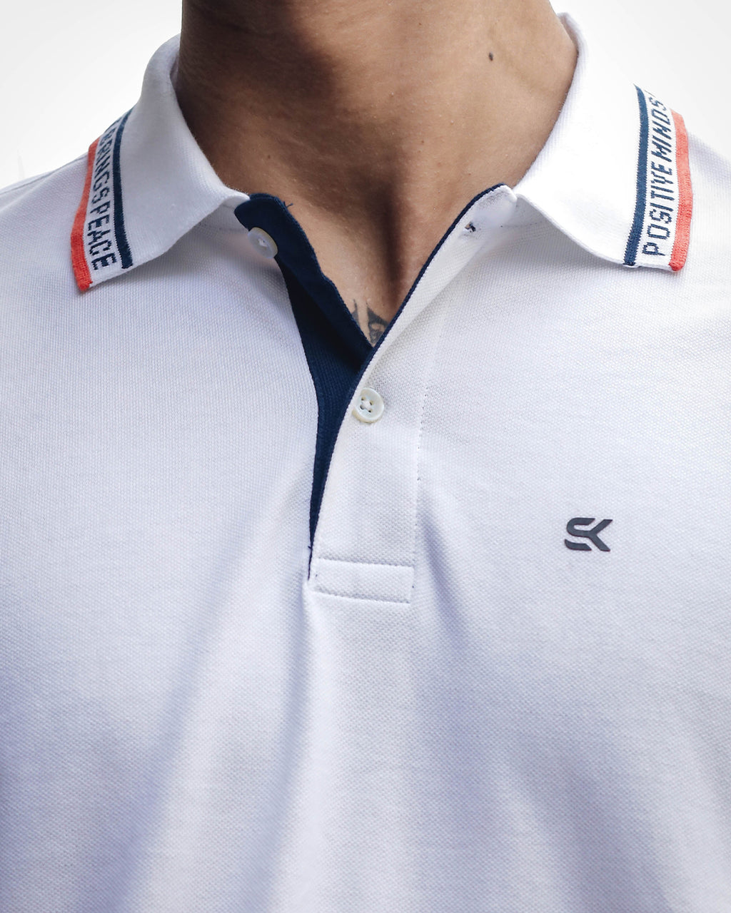 Men's White Polo T-Shirt with 'Positive Mindset Brings Peace' Print on Collar and Sleeves