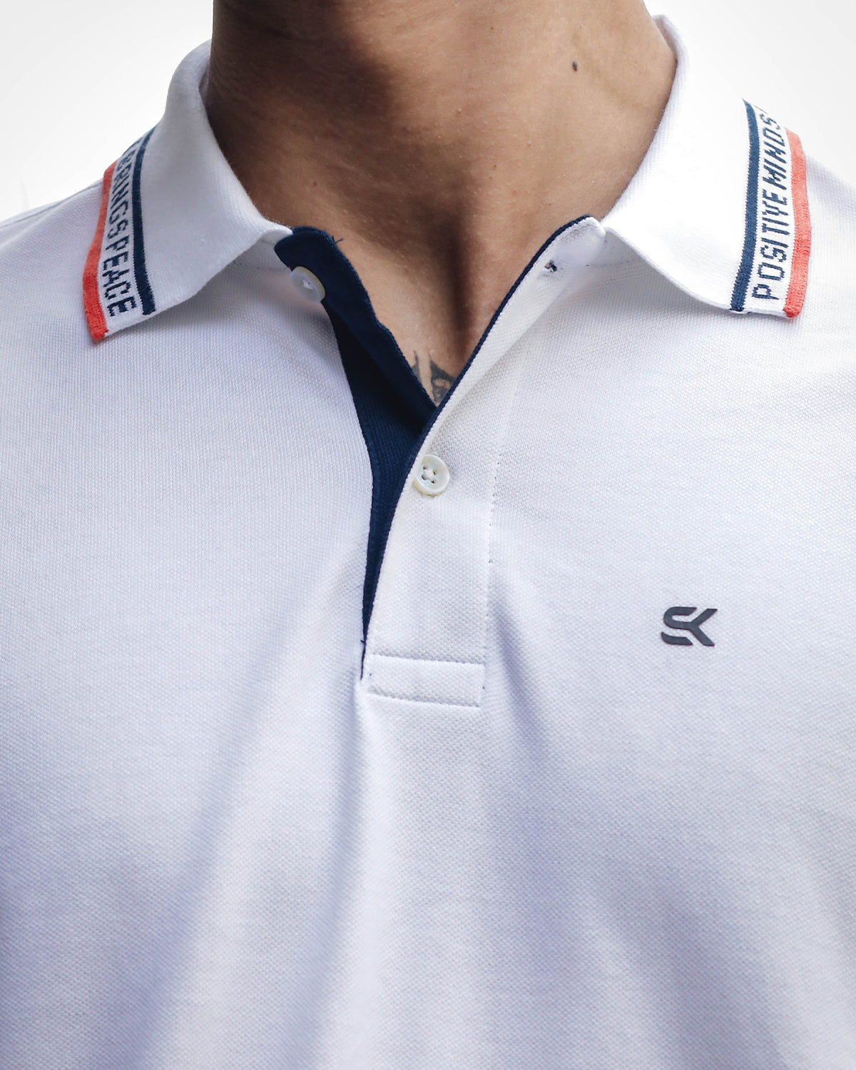 Men's White Polo T-Shirt with 'Positive Mindset Brings Peace' Print on Collar and Sleeves