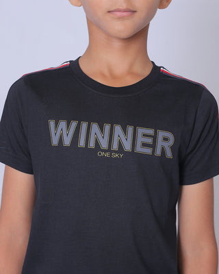 Boys Black Printed Round Neck T-Shirt