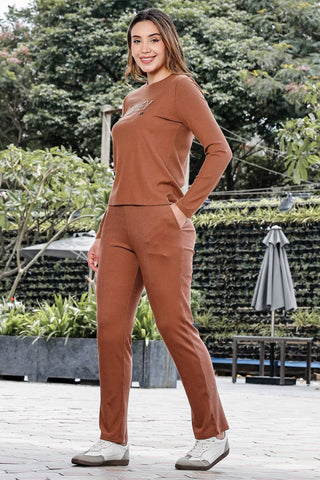 WOMEN ROUND NECK BROWN FULL SLV  CO-ORD SET