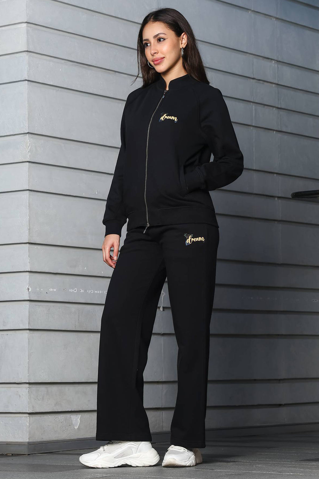 ONE SKY Women's Printed Front Open Tracksuit | Cotton Blend Co-ord Set with Zipper Jacket & Drawstring Pants | Typographic Design & 4 Pockets
