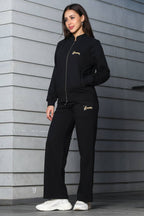 ONE SKY Women's Printed Front Open Tracksuit | Cotton Blend Co-ord Set with Zipper Jacket & Drawstring Pants | Typographic Design & 4 Pockets