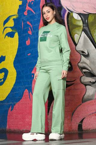 ONE SKY Women's Printed & Typographic High Neck Tracksuit | Cotton Blend Long Sleeve Top & Mid-Rise Slip-On Flat Front Pants | 6 Pockets