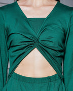 Women's Chic Balloon Sleeve Knee-Length Green Dress with Front Cut-Out and Tie