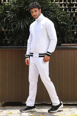 Men's Solid Tracksuit Set | Cotton Blend Mock Collar Zip-Up Jacket & Drawstring Joggers | Mid-Rise Fit | 4 Pockets | Long Sleeves | Casual Athleisure Sportswear