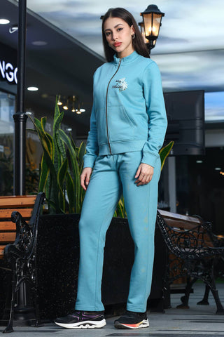 ONE SKY Women's Embroidered Front Open Tracksuit | Cotton Blend Co-ord Set with Zipper Top & Slip-On Bottom | Typography Detail & 4 Pockets