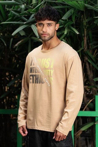 Men’s 100% Cotton Typography Printed Full Sleeve T-Shirt | Round Neck Casual Tee | Soft Breathable Fabric | Machine Washable