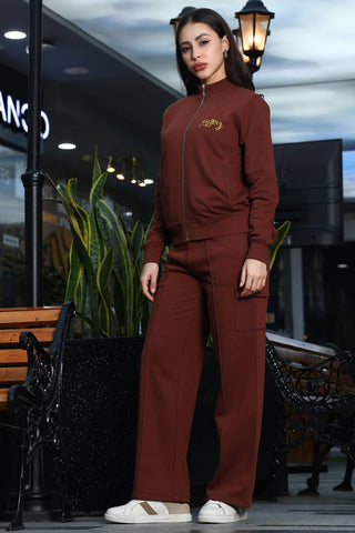 ONE SKY Women's Embroidered & Typographic Tracksuit | Cotton Blend Zipper Jacket with Mock Collar & Drawstring Pants | 6 Pockets | Pleated Design