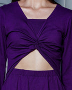 Women's Chic Balloon Sleeve Knee-Length Purple Dress with Front Cut-Out and Tie