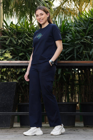 ONE SKY Women’s 100% Cotton Half Sleeve Co-Ord Set | Round Neck Top & Mid Rise Drawstring Bottom | Typography Print | 4 Pockets | Casual Wear | Machine Wash