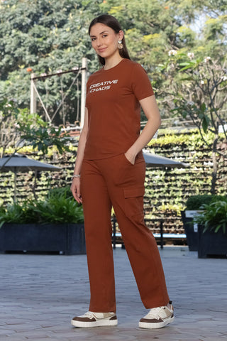 ONE SKY Women’s Cotton Spandex Half Sleeve Co-Ord Set – Printed Typography Round Neck Top & Mid-Rise Drawstring Bottom, Casual 2-Piece Loungewear, Machine Washable