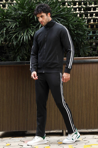 Men's Striped Tracksuit Set | Cotton Blend Activewear with Mock Collar | Zipper Top & Drawstring Bottom | 4 Pockets | Mid-Rise Flat Front Joggers | Casual Gym Sportswear