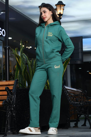 ONE SKY Women's Printed Hooded Tracksuit | Cotton Blend Co-ord Set with Zipper Jacket & Slip-On Pants | Typographic Design & 4 Pockets