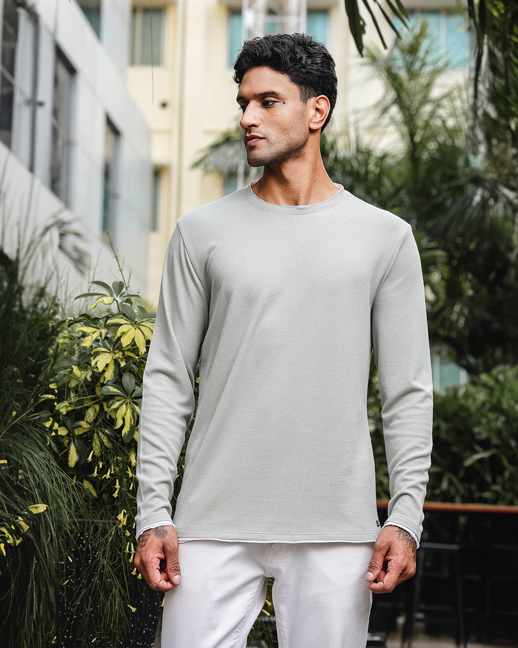 Men's Gray Self Textured Full Sleeve Crew Neck T-shirt