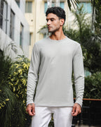 Men's Gray Self Textured Full Sleeve Crew Neck T-shirt