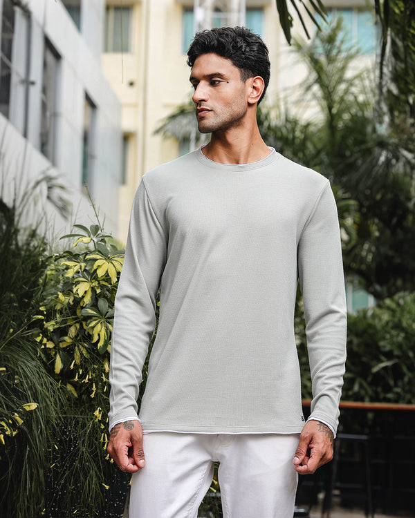 Men's Gray Self Textured Full Sleeve Crew Neck T-shirt