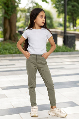 Girls Cotton Slim Fit Chinos Olive